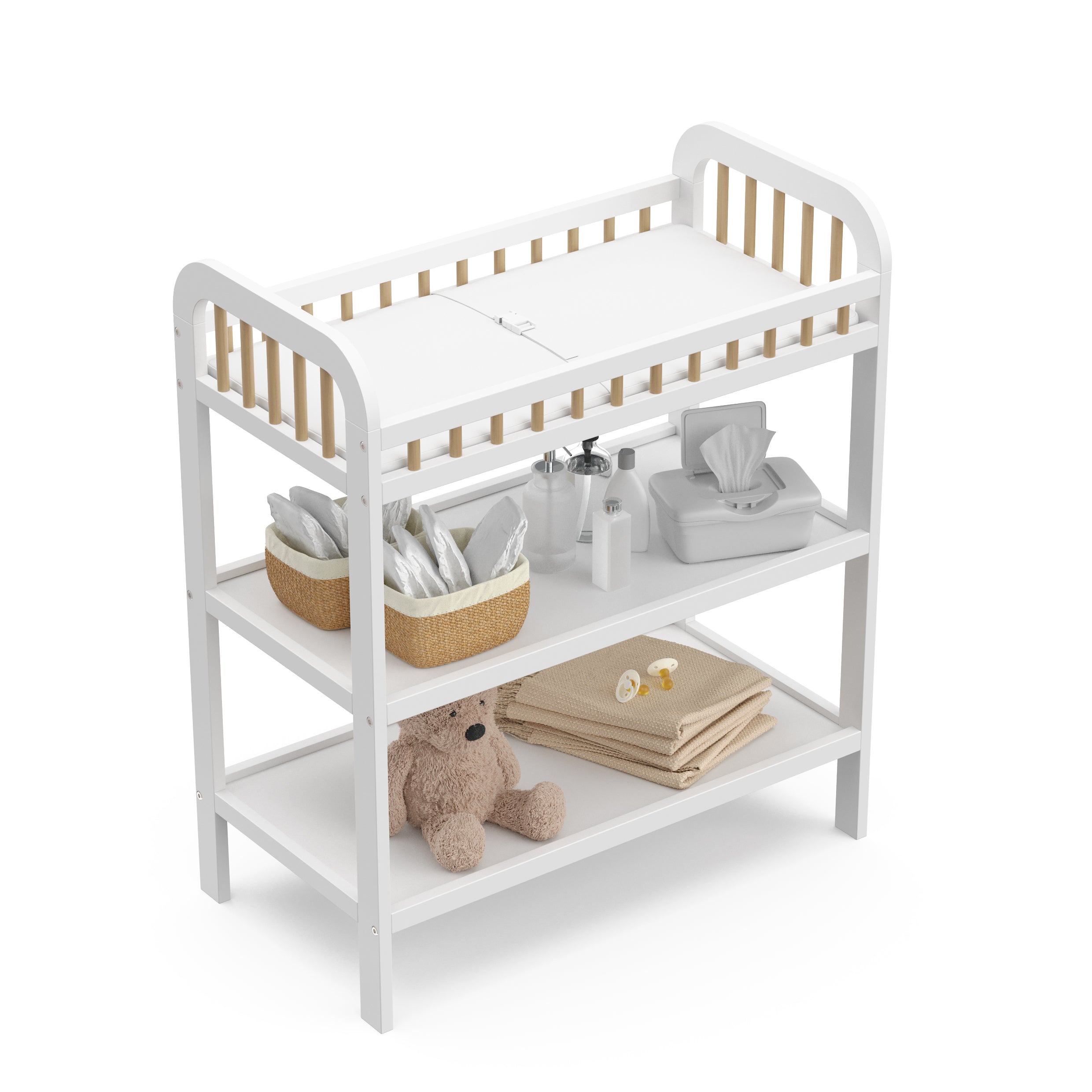 pasadena changing table white top view with items