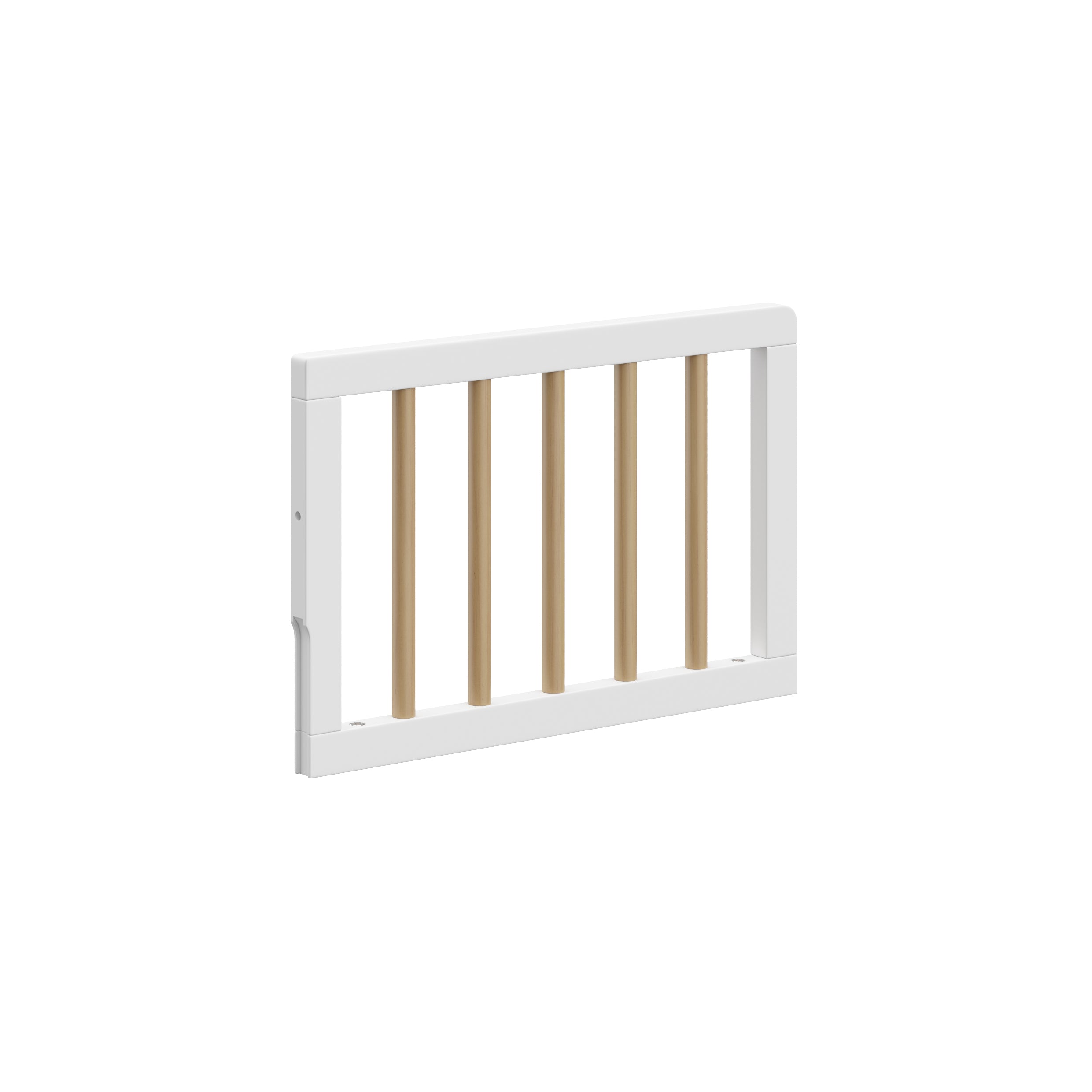 Angle view of white with driftwood toddler safety guardrails with dowels