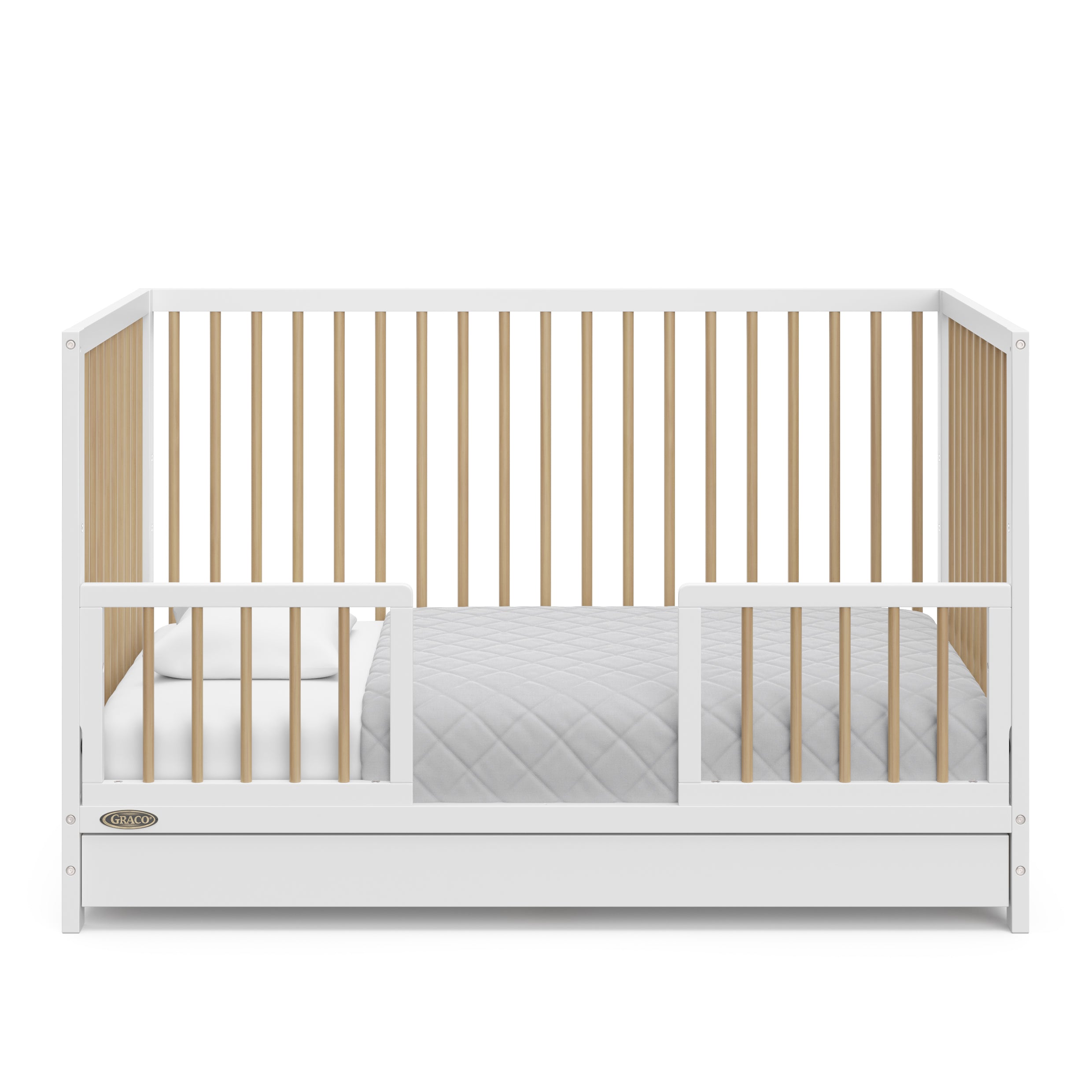 White with driftwood Toddler Safety Guardrail Kit with dowels applied in toddler bed