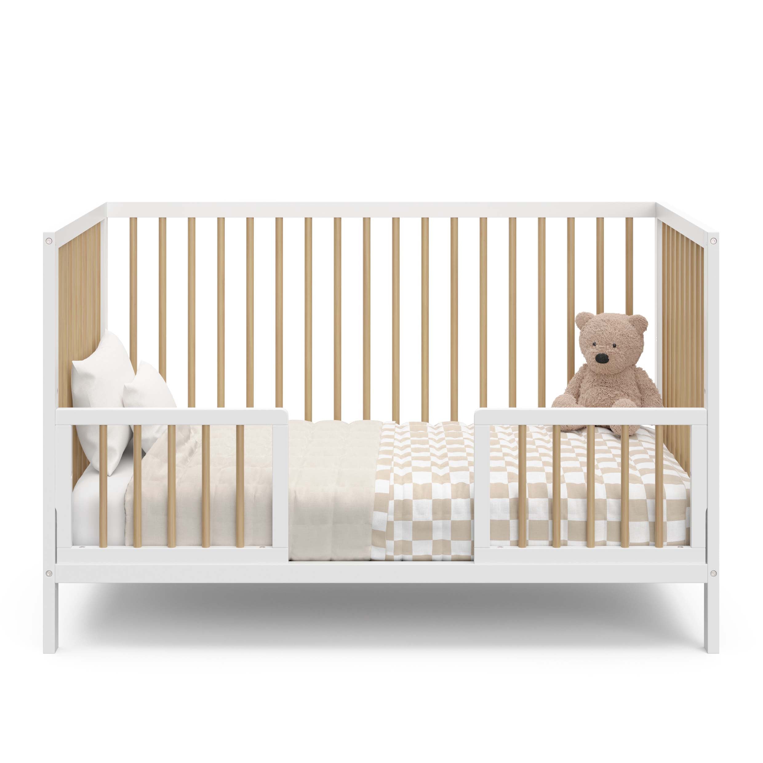 White with driftwood Toddler Safety Guardrail Kit with dowels applied in toddler bed