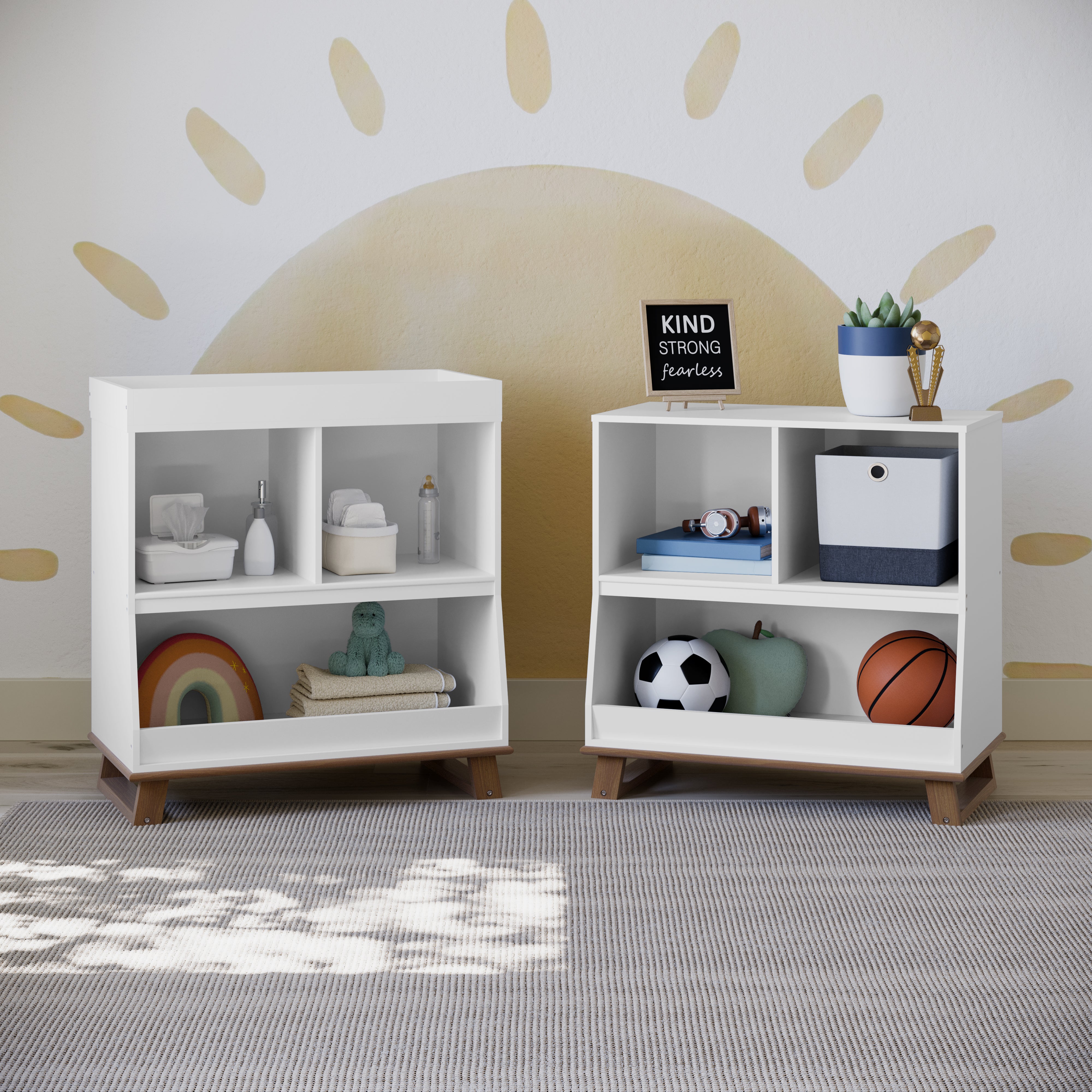 two white with vintage driftwood changing tables in nursery