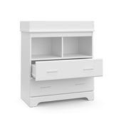 white 2 drawer chest with one open drawer