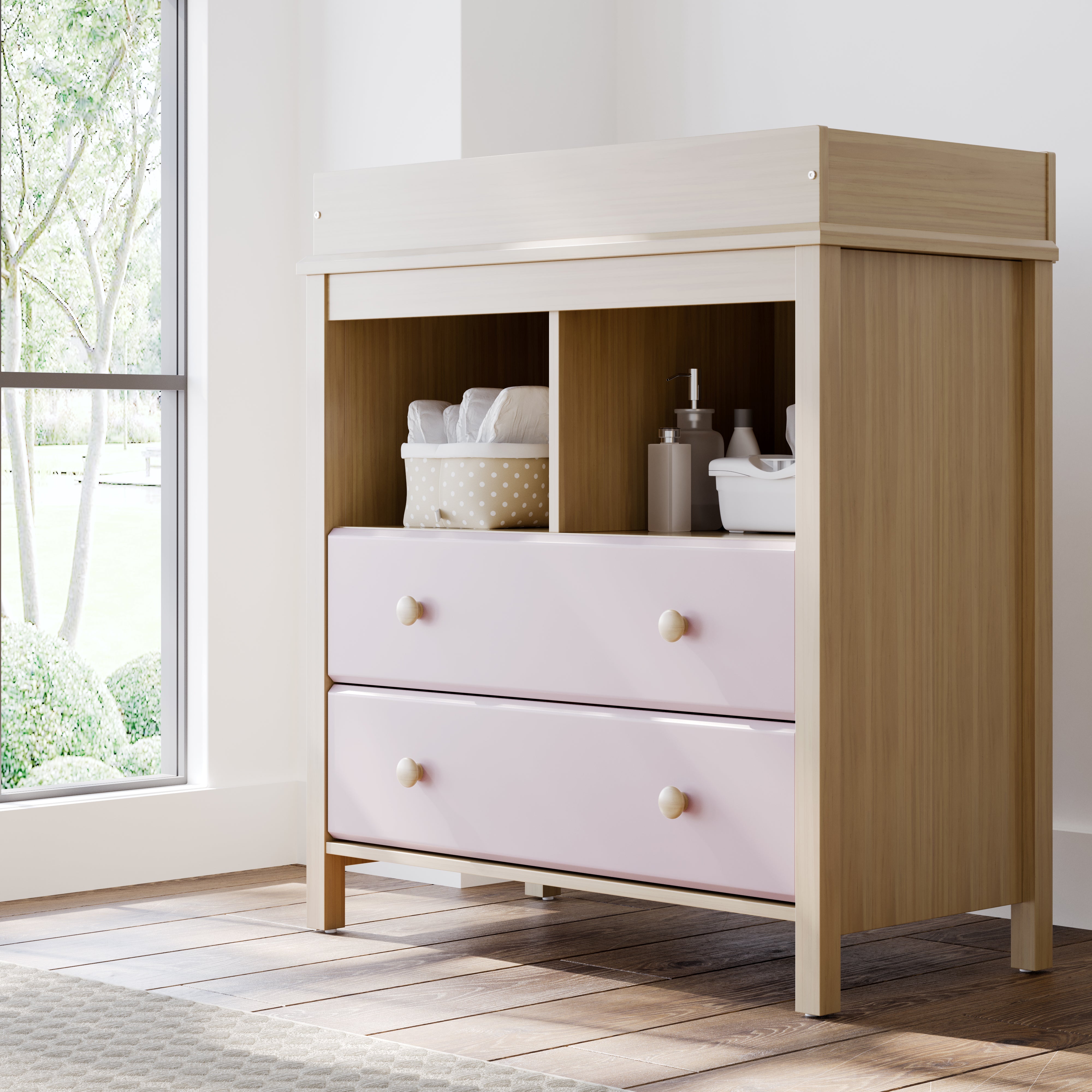 alpine 2 drawer changing chest blush with driftwood nursery room shot with changing essentials in exterior shelves