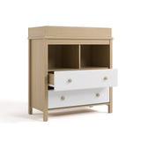 alpine 2 drawer changing chest white with driftwood angle view with top drawer open