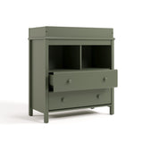 alpine 2 drawer changing chest olive angle view with top drawer open