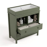 alpine 2 drawer changing chest olive top view with changing pad and changing essentials in exterior shelves and top drawer