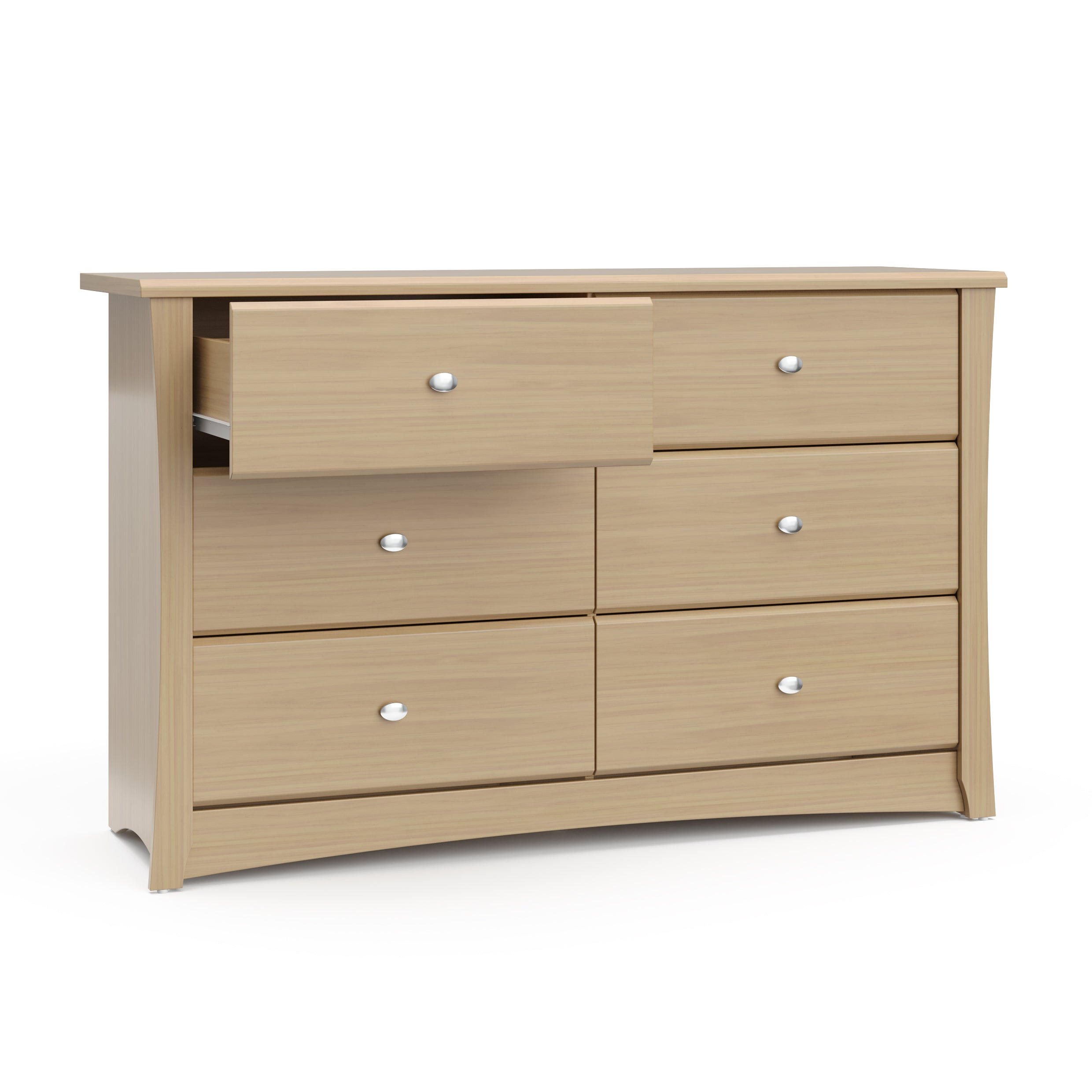 crescent 6 drawer dresser driftwood angle view with top left drawer open