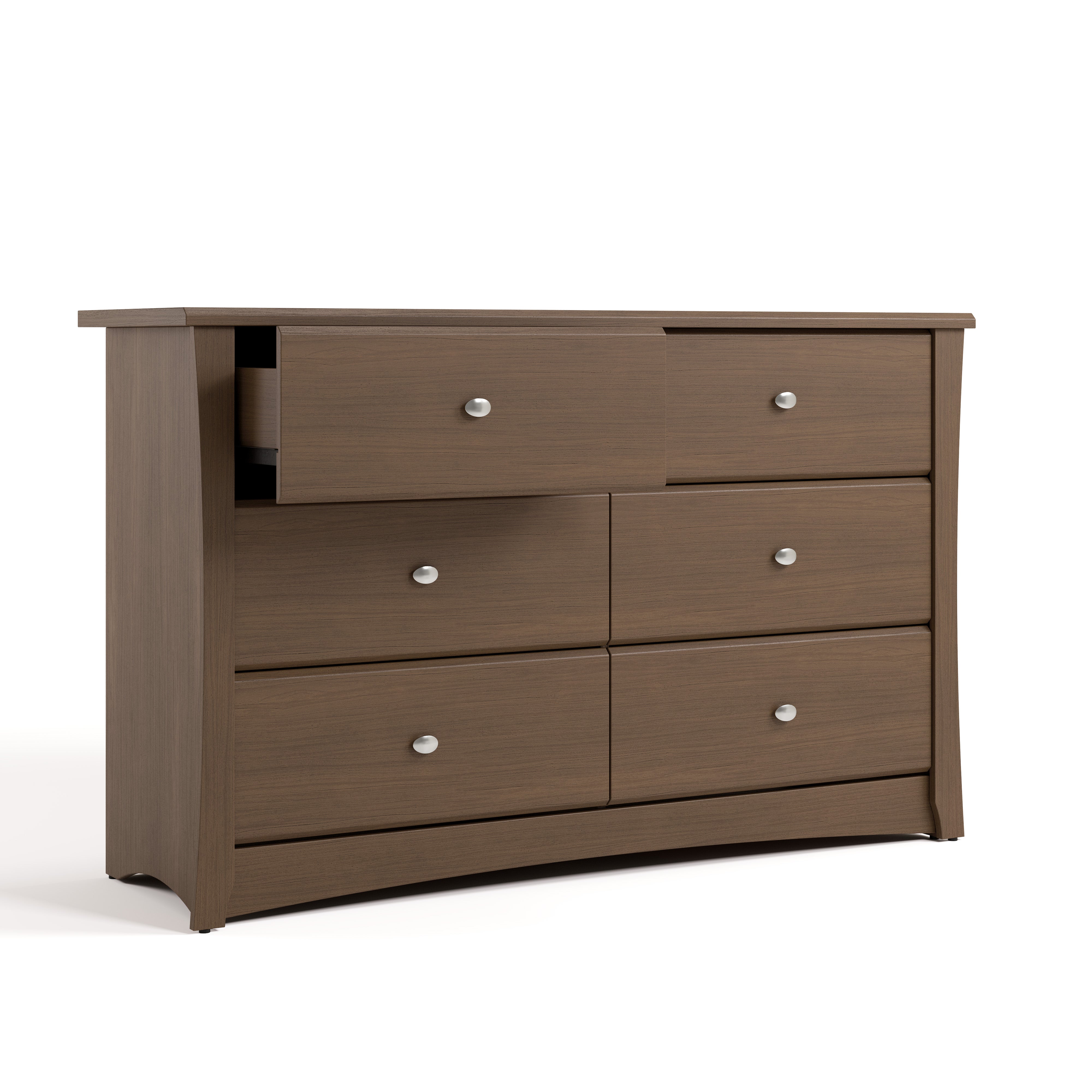 crescent 6 drawer dresser hazelnut angle view with top left drawer open