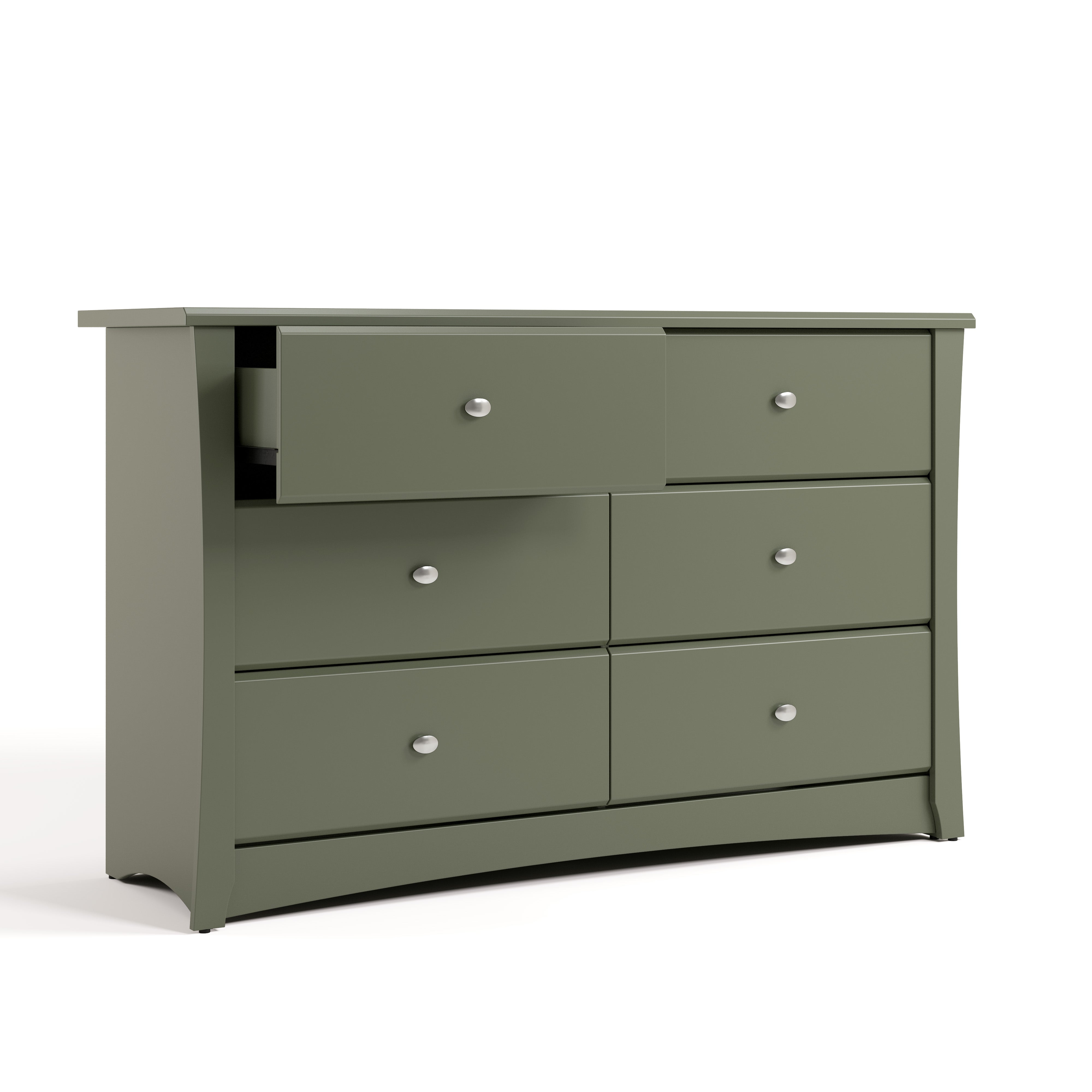 crescent 6 drawer dresser olive angle view with top left drawer open