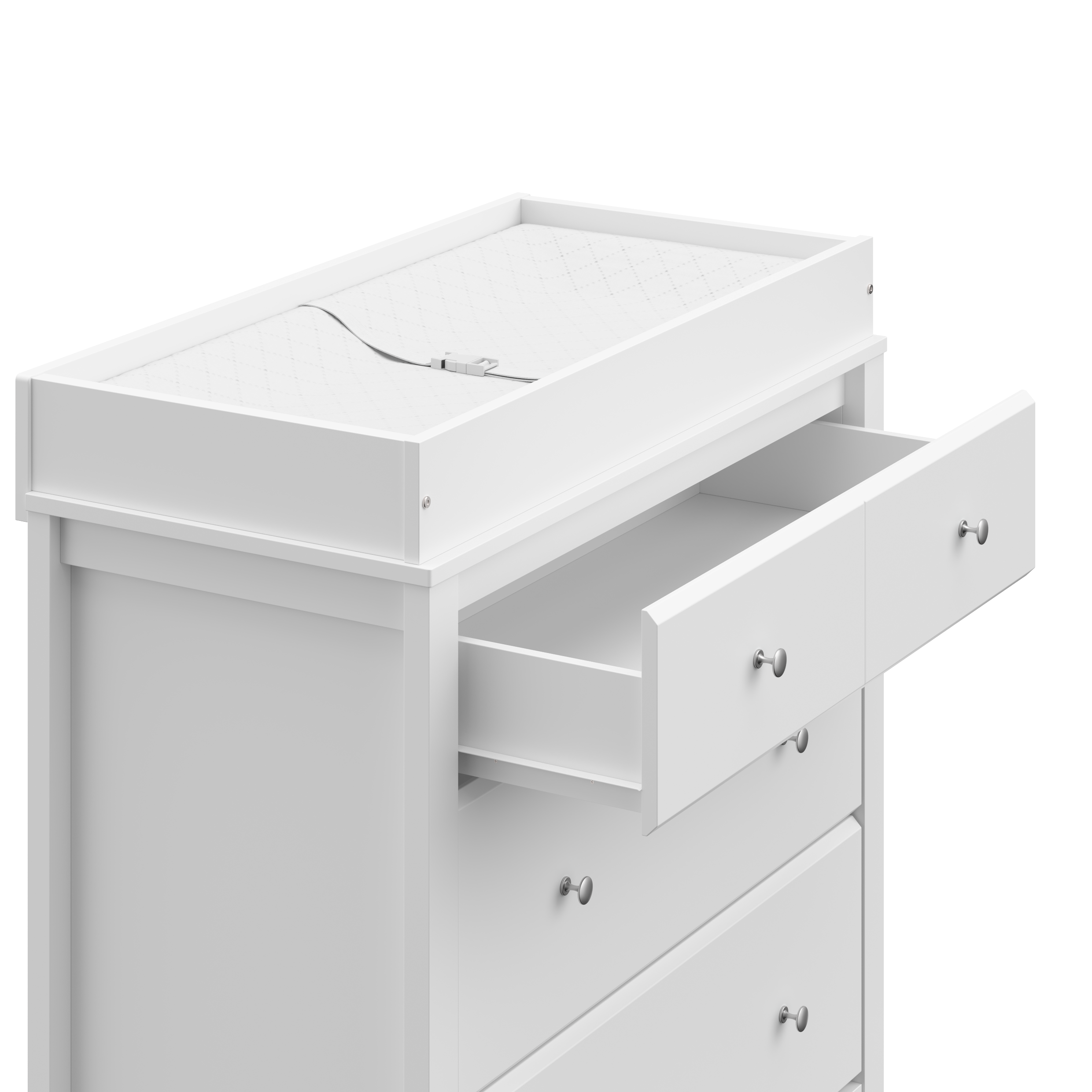 close-up view of white chest with open drawer