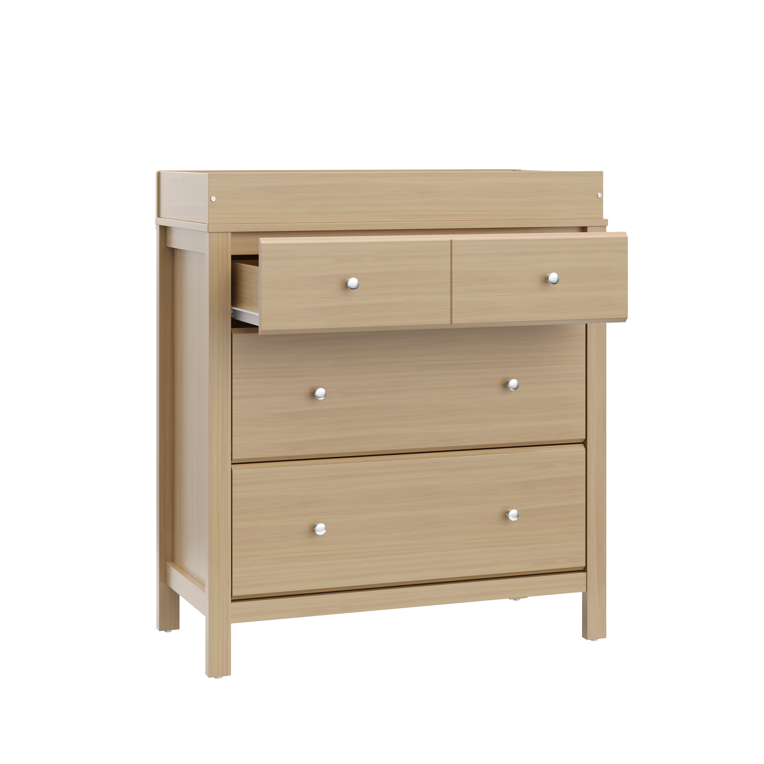 angled view of driftwood 3 drawer chest with changing topper and one open drawer