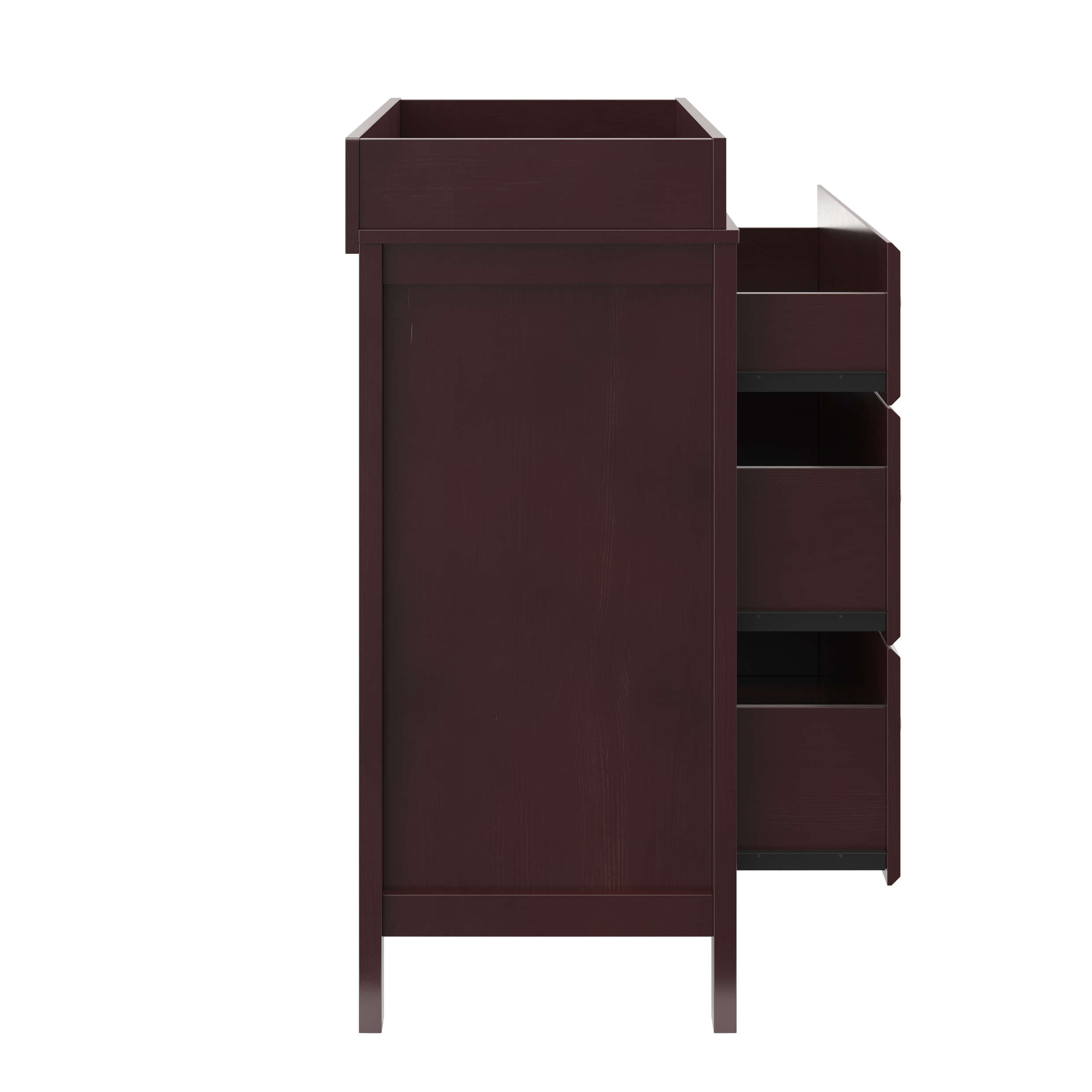 side view of espresso chest with 3 open drawers