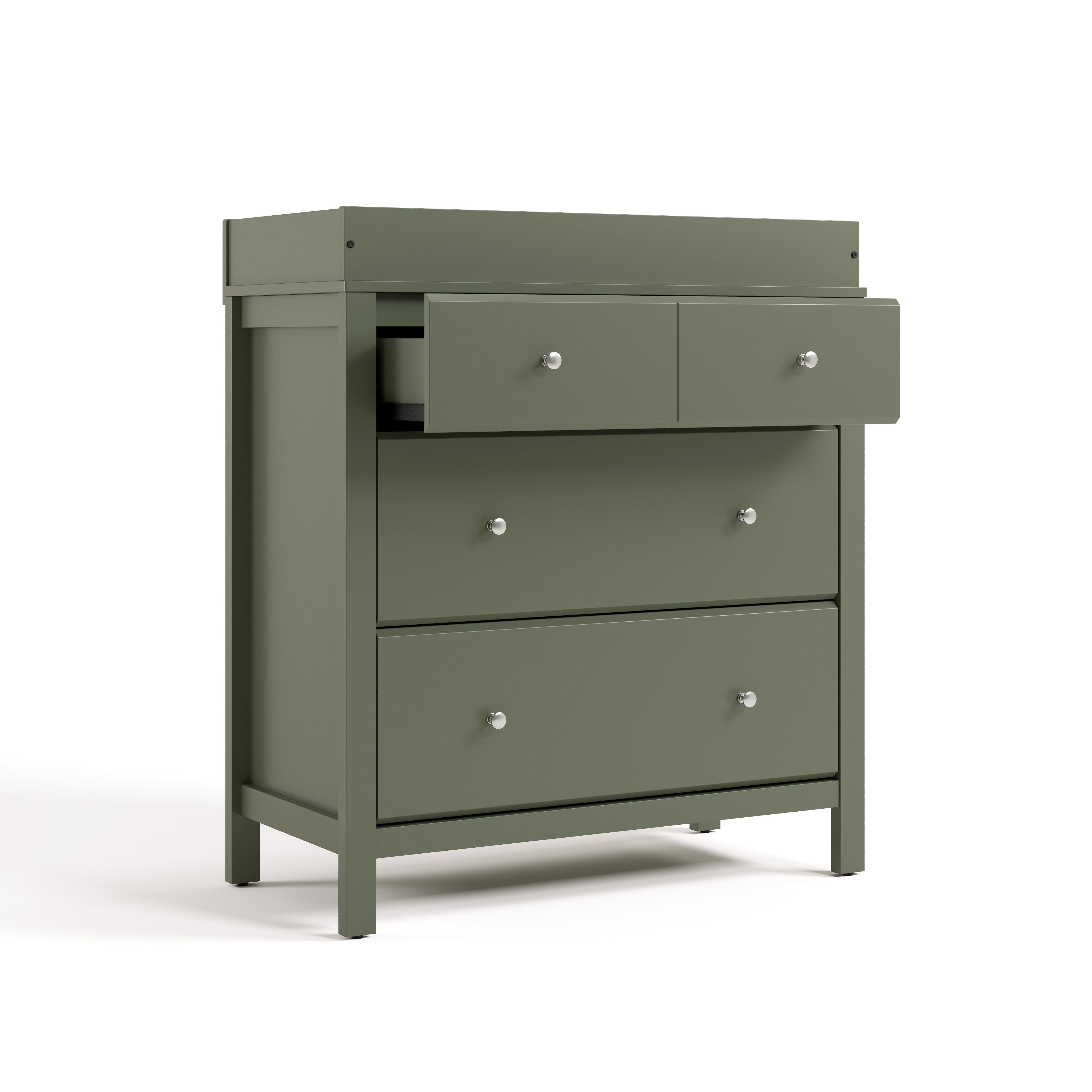 horizon 3 drawer changing chest olive with top drawer open angle view