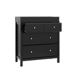 angled view black 3 drawer chest with changing topper and one open drawer