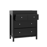 angled view black 3 drawer chest with changing topper and one open drawer