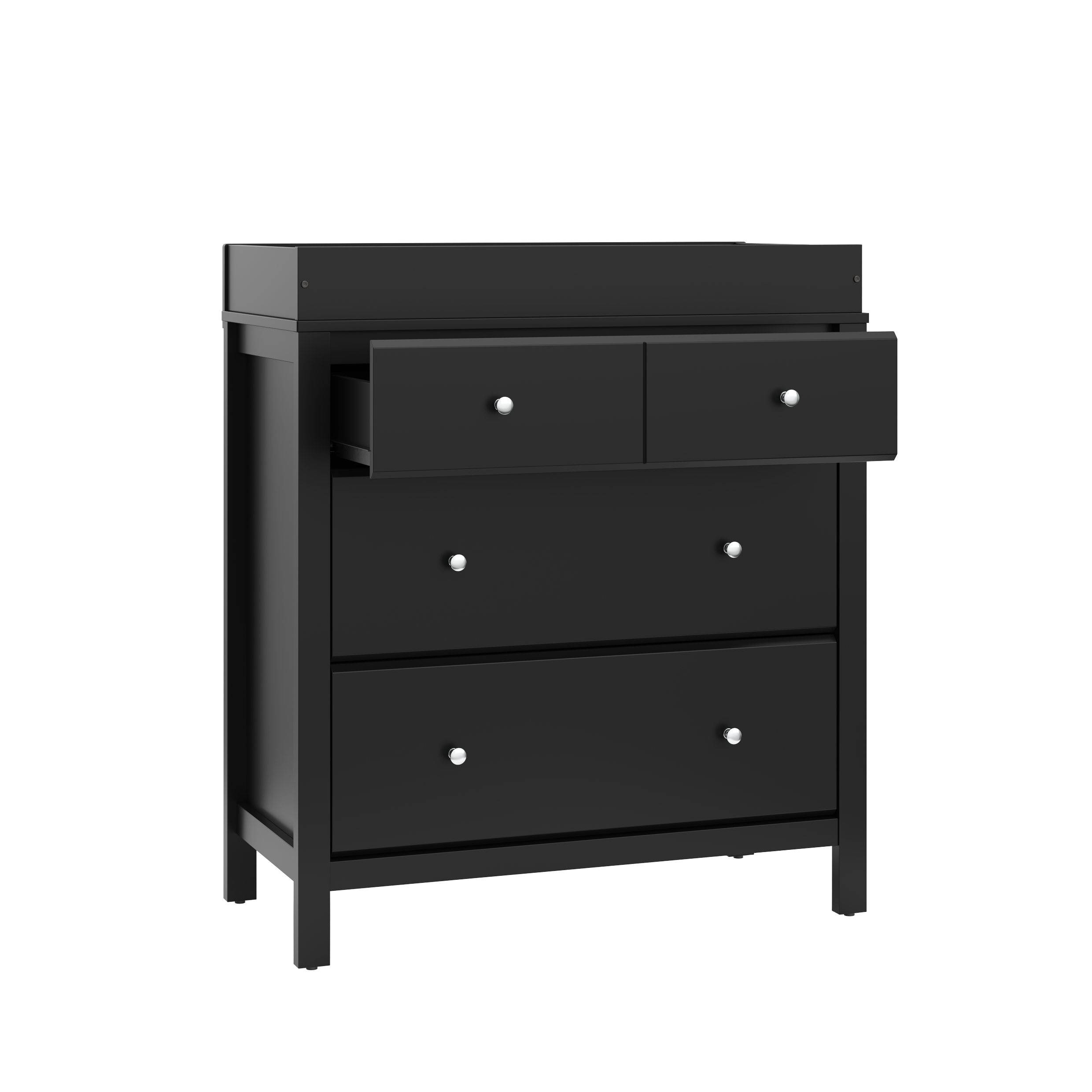 angled view black 3 drawer chest with changing topper and one open drawer