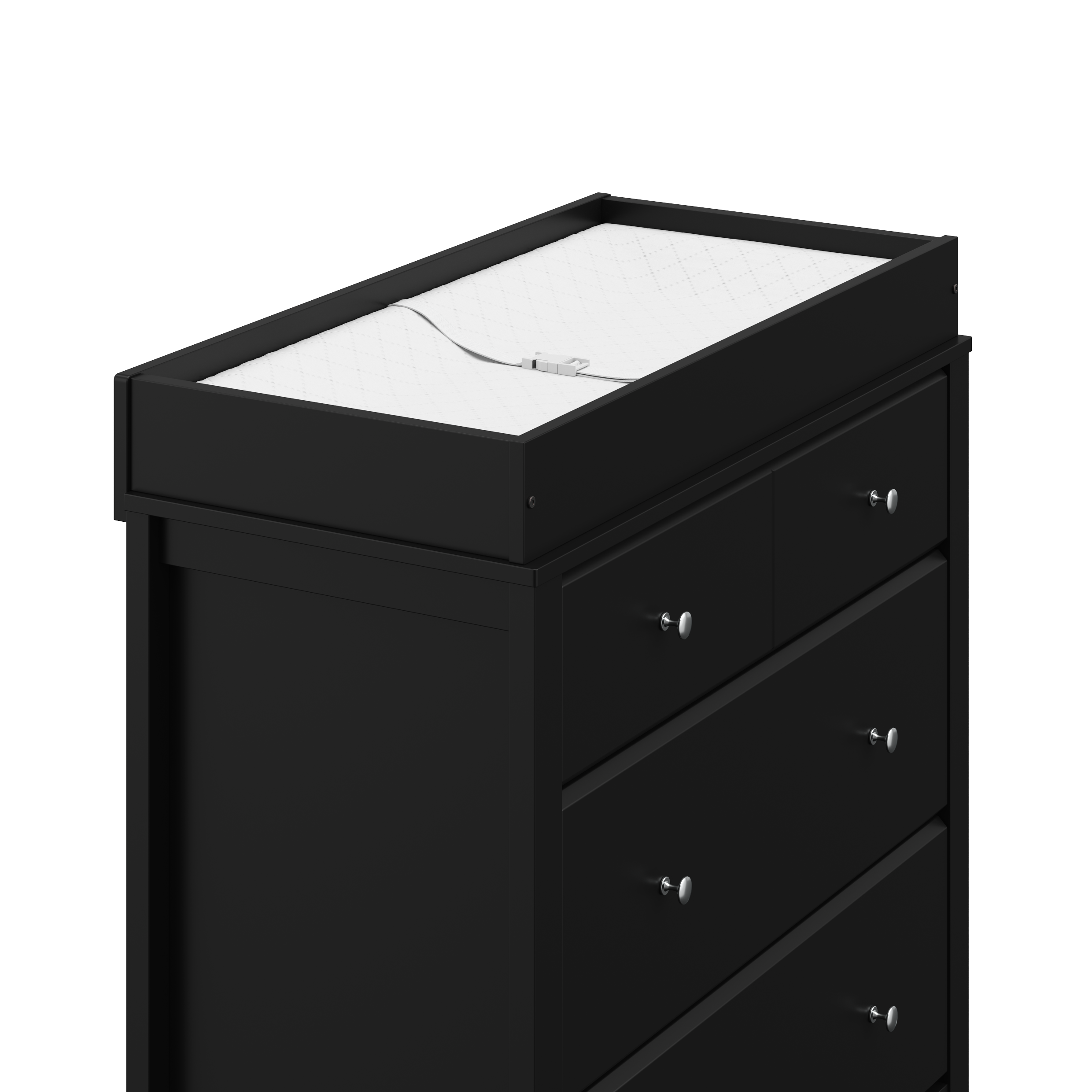 close view of black 3 drawer chest with changing topper