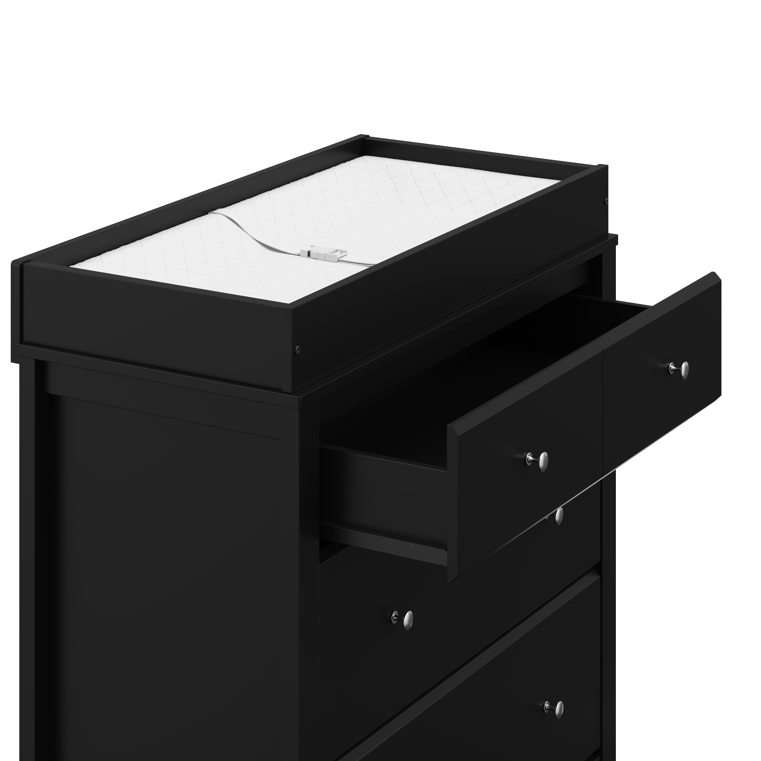 close view of angled black 3 drawer chest with changing topper, and one open drawer