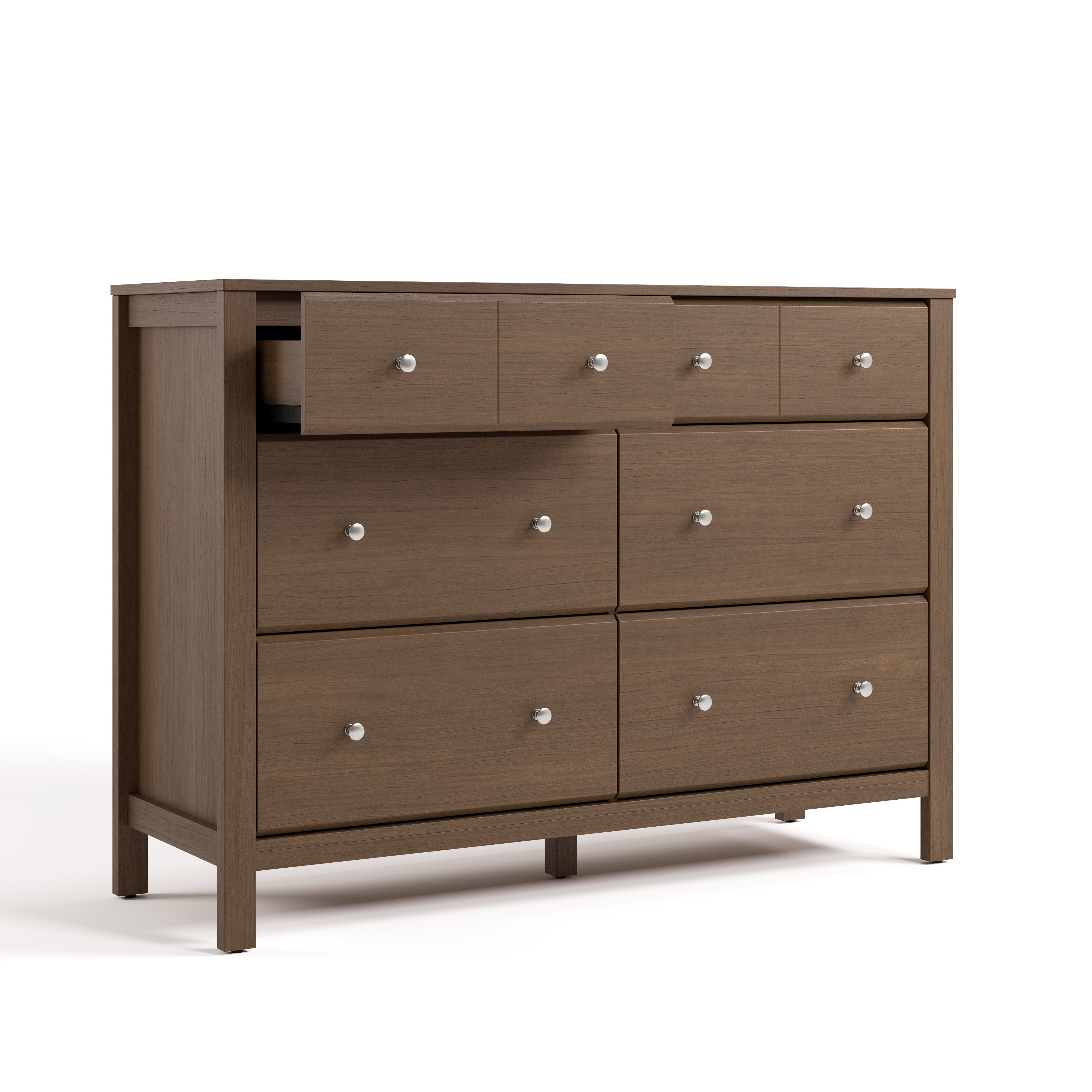 Horizon 6 drawer dresser hazelnut with top left drawer open angle view