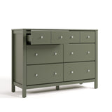 Horizon 6 drawer dresser olive with top left drawer open angle view