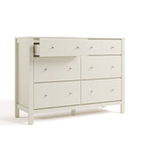 Horizon 6 drawer dresser frosted oat with top left drawer open angle view