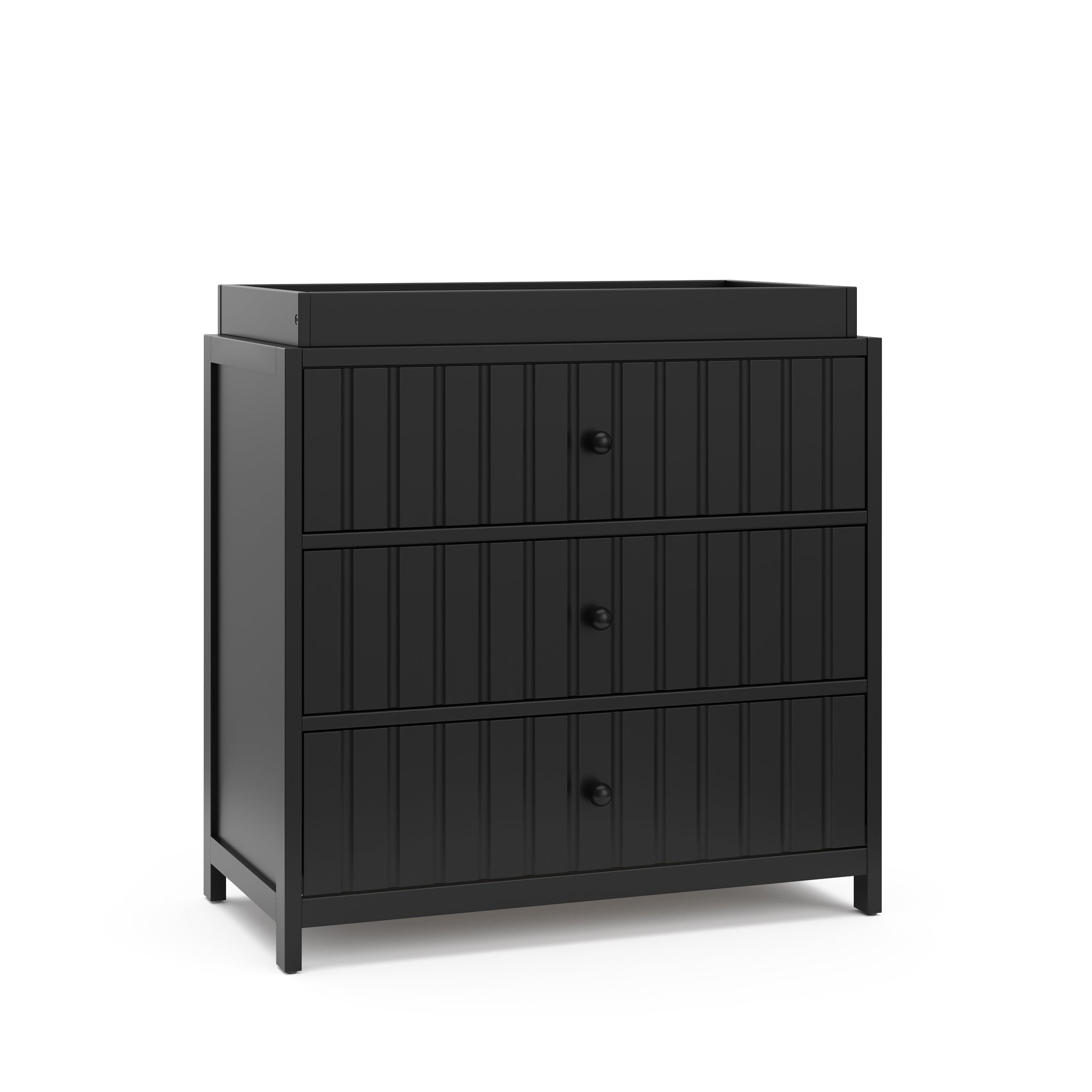 Angled view of Black 3 drawer chest with changing topper