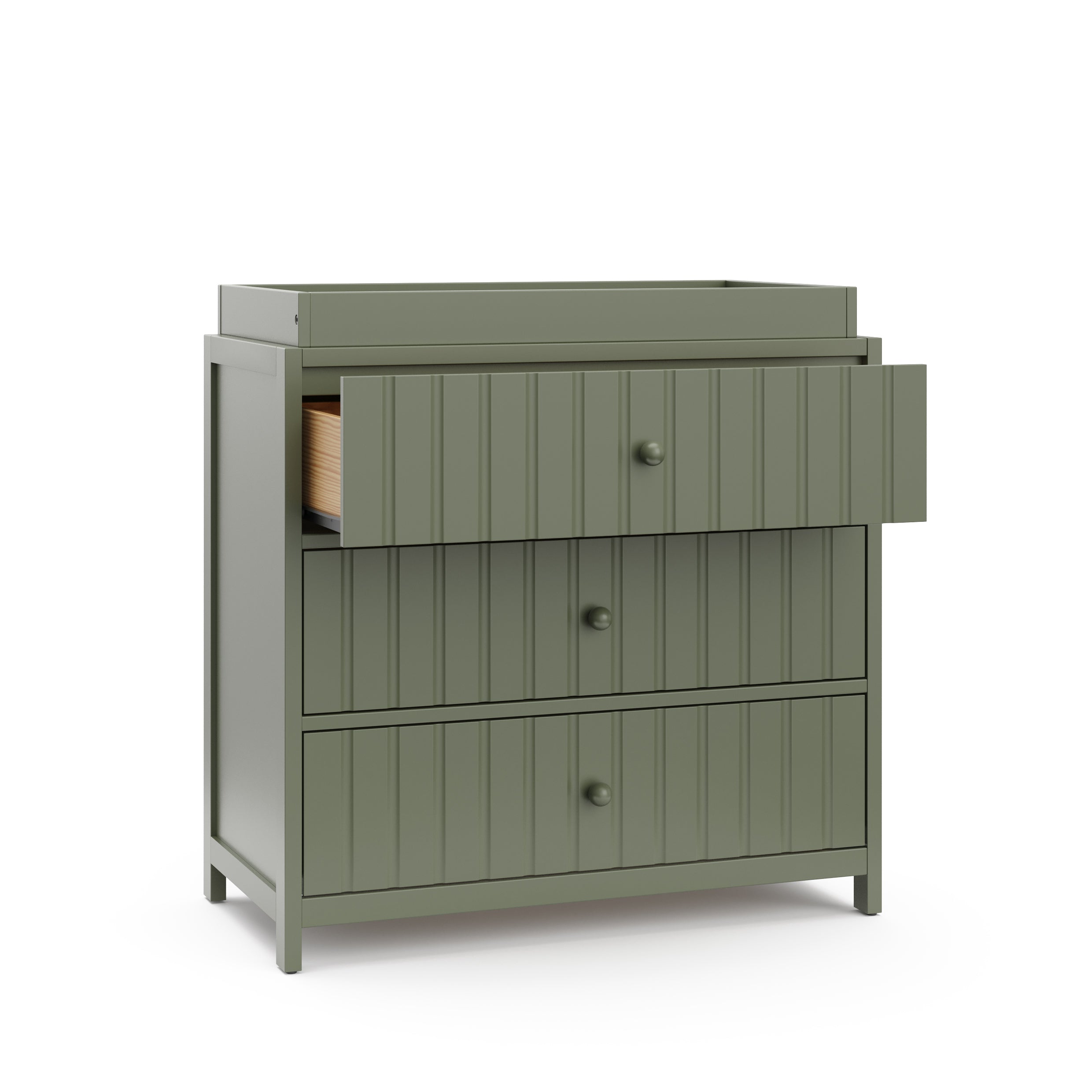 3 Drawer Chest with Changing Topper with open drawer, angled view (Olive)