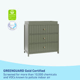 3 Drawer Chest with Changing Topper angled view  and certificate (Olive with Driftwood)