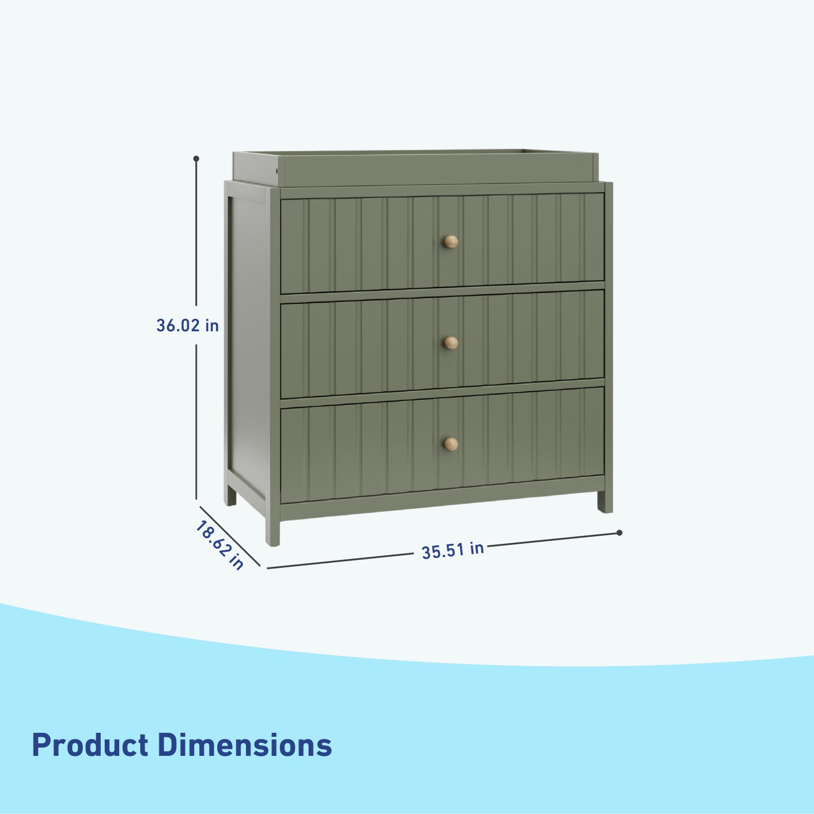 3 Drawer Chest with Changing Topper angled view  and dimensions (Olive with Driftwood)