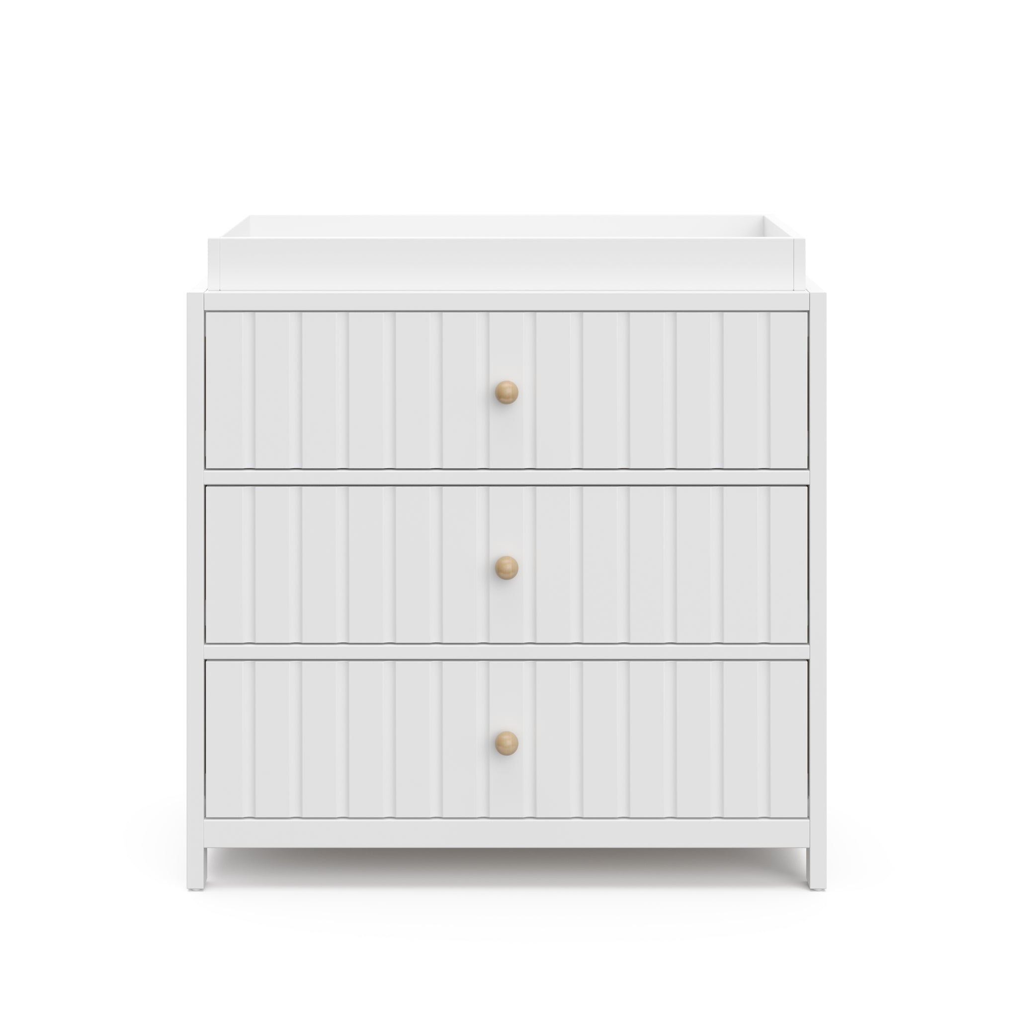 front view of white 3 drawer chest with topper