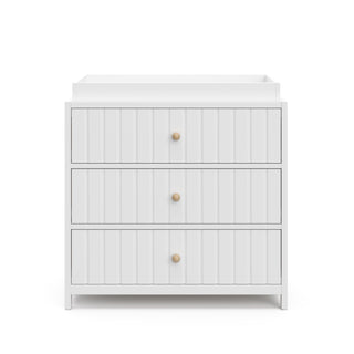 front view of white 3 drawer chest with topper