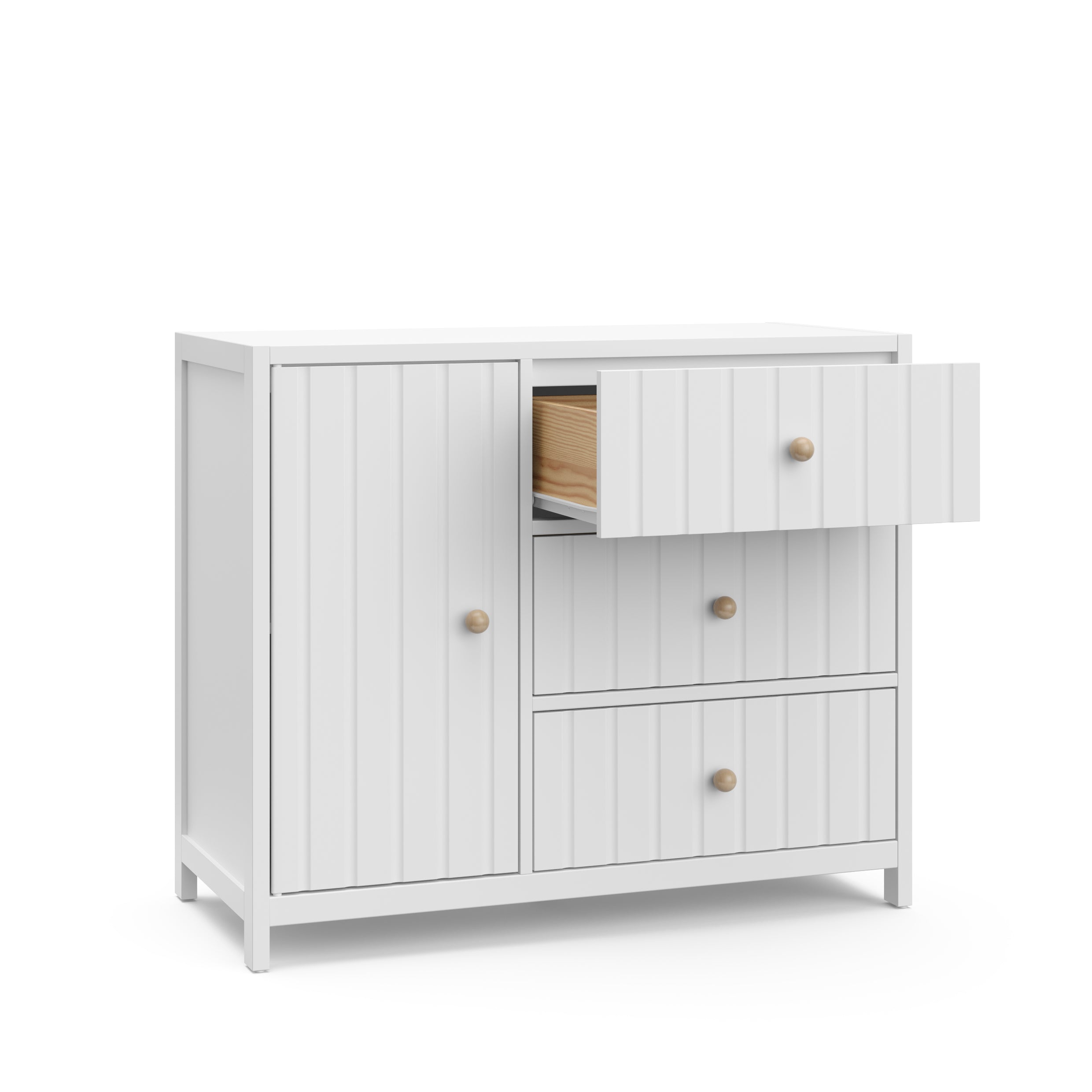 3 drawer combo dresser with drawer out angled view(white)