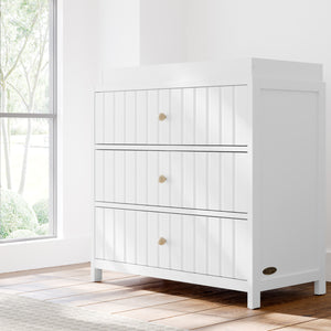 White 3 drawer chest with changing topper in nursery