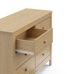 Close-up view driftwood 6 drawer dresser with open drawer