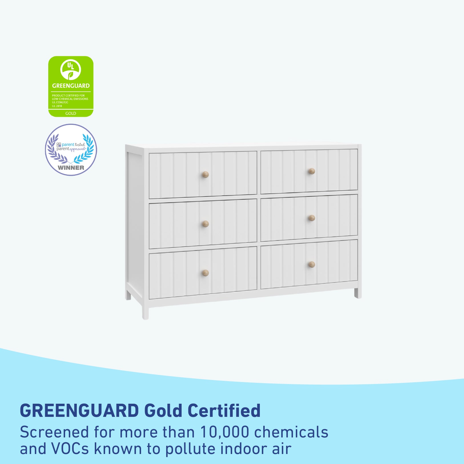 white dresser with greenguard gold badge