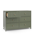 Angled view of olive 6 drawer dresser with open drawer