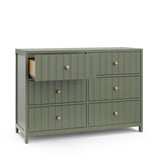 Angled view of olive 6 drawer dresser with open drawer