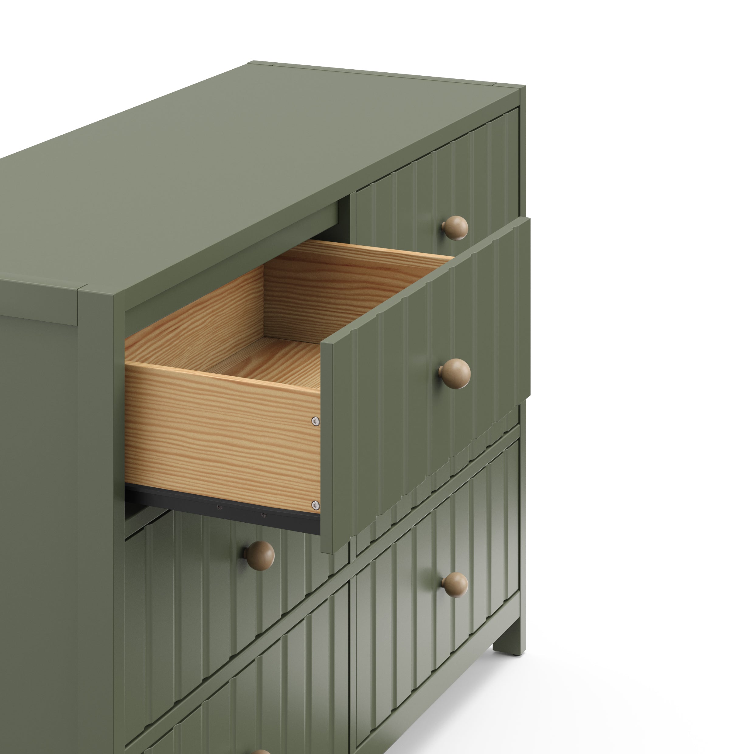 Top view of olive 6 drawer dresser with open drawer