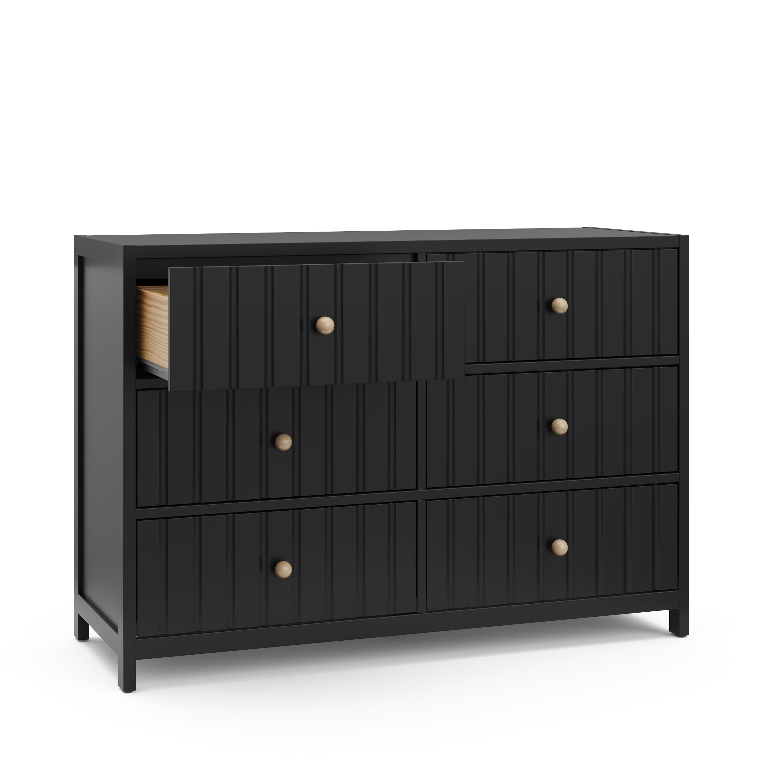 Angled view of black 6 drawer dresser with open drawer