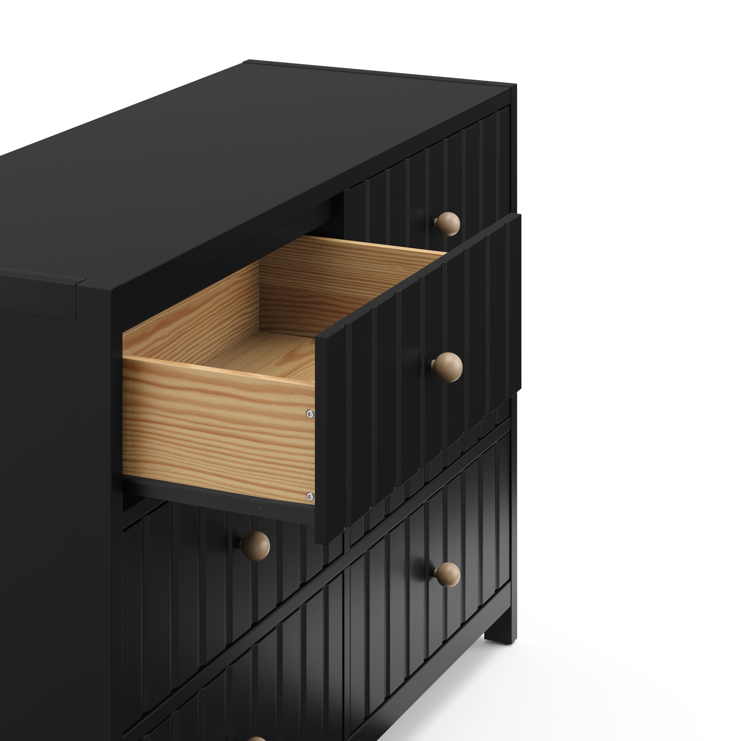 Top view of black 6 drawer dresser with open drawer