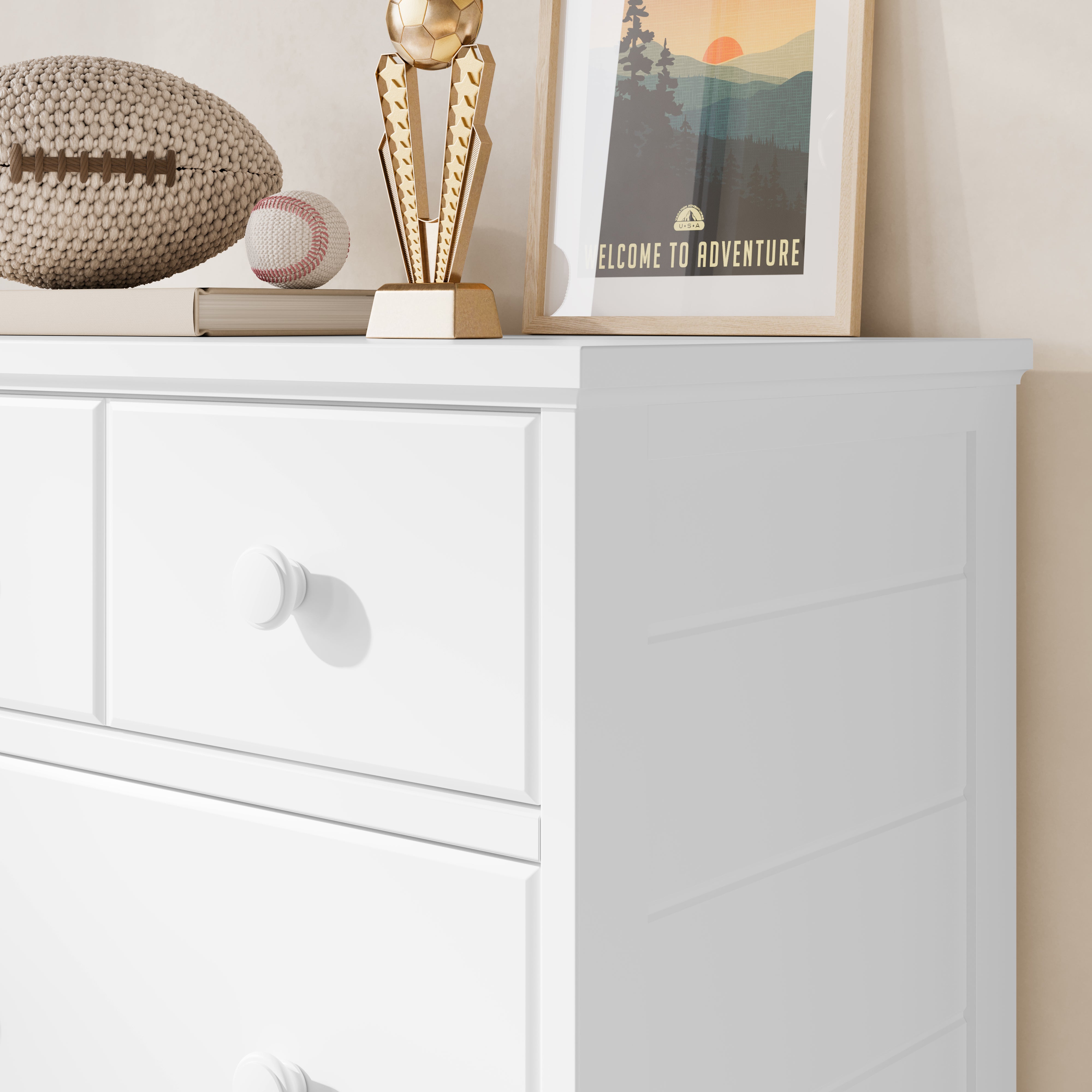 close up of white 6 drawer dresser knob