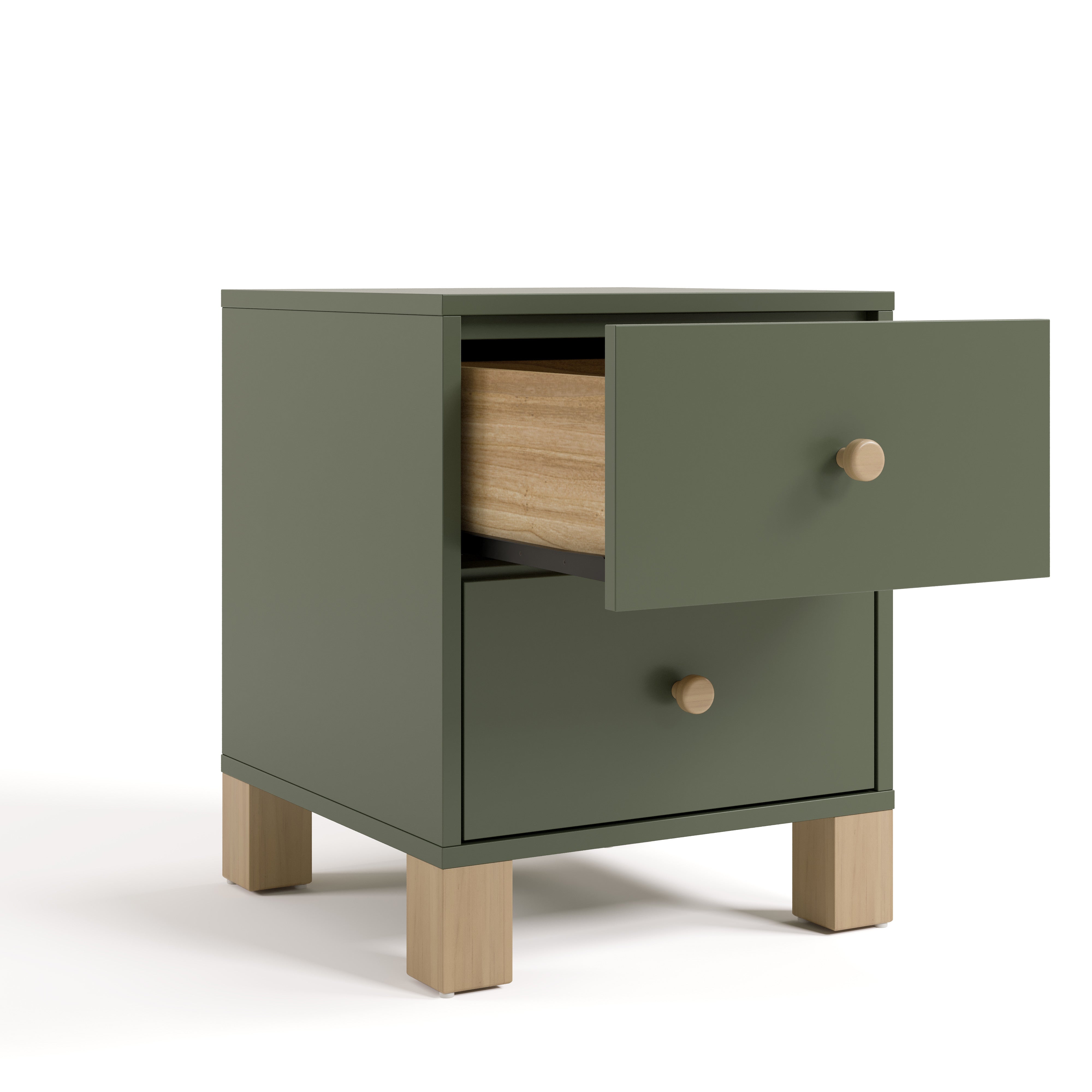 California olive with driftwood nightstand angle view with top drawer open