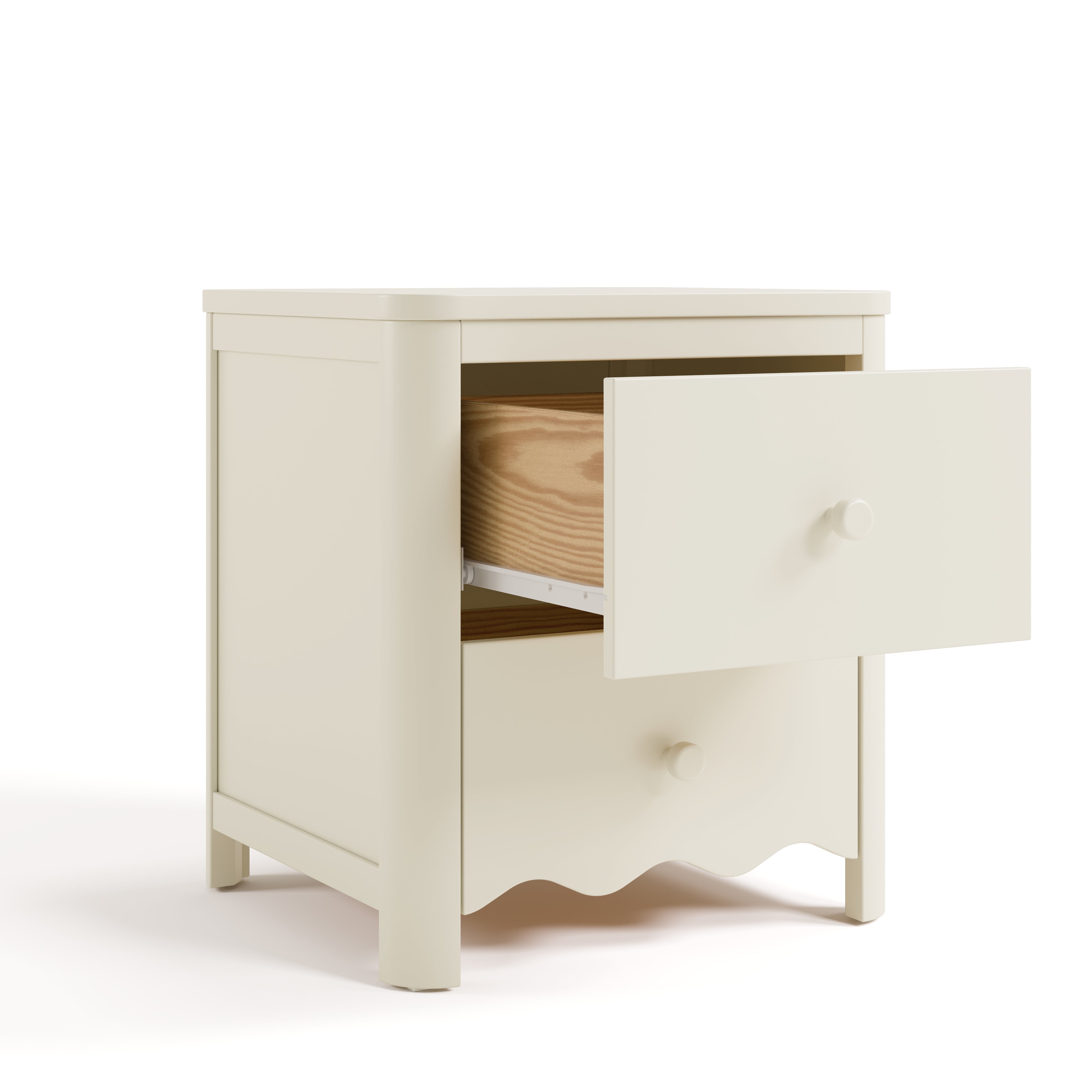 Casablanca frosted oat nightstand angle view with top drawer open