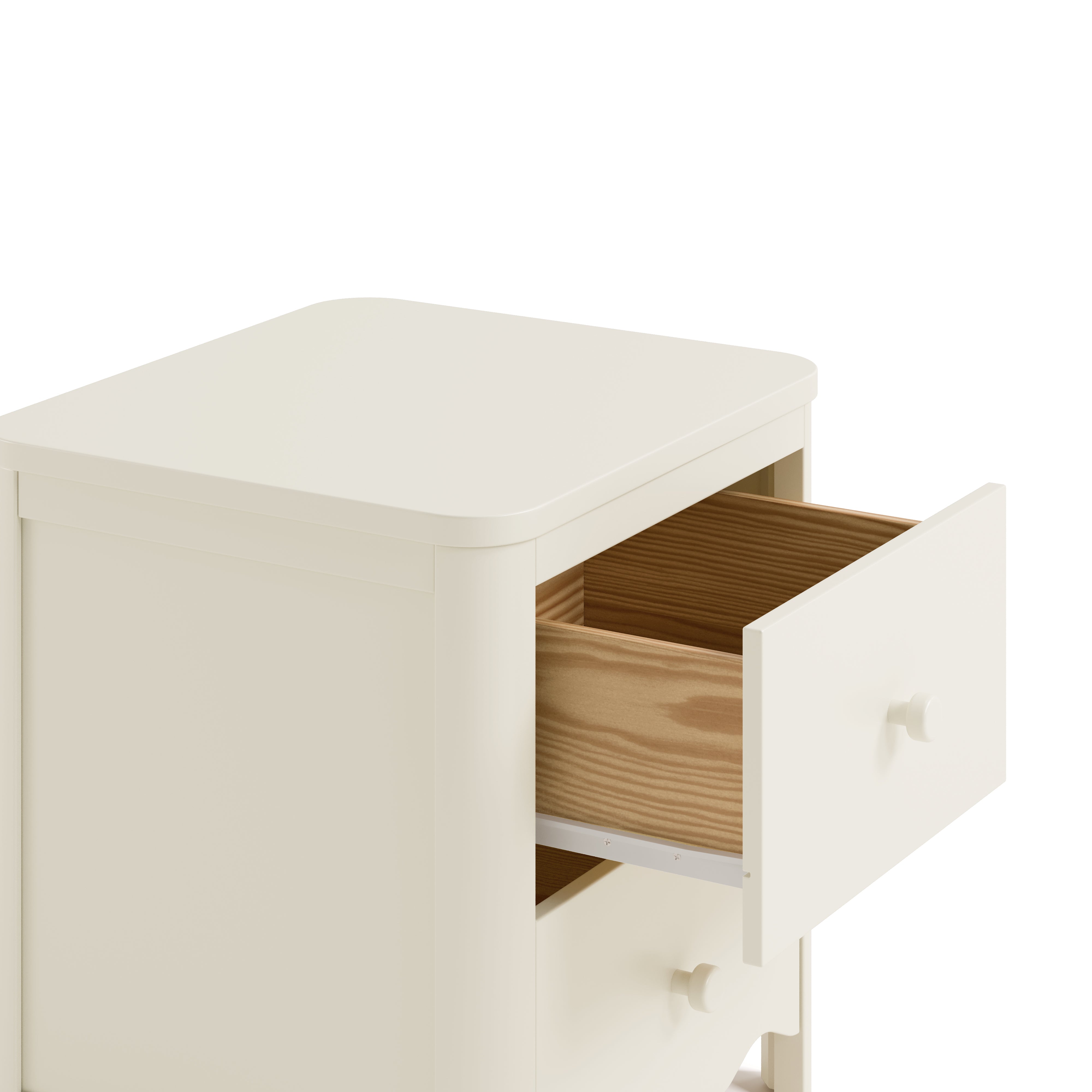 Casablanca frosted oat nightstand close up view with top drawer open