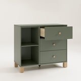 3 Drawer dresser with open drawer, angled view (Olive with Driftwood)