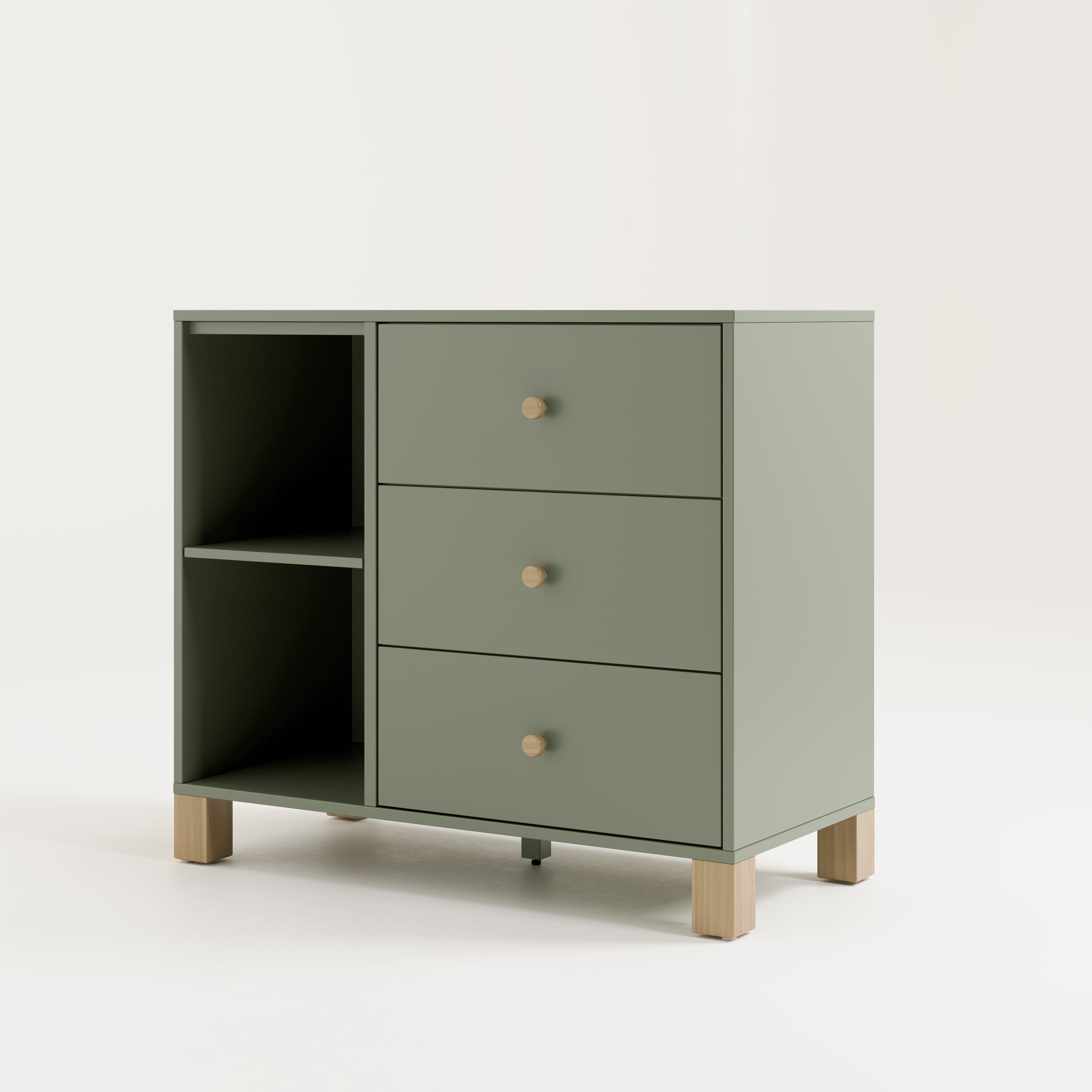 3 drawer combo dresser angled view (Olive with Driftwood)