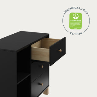 Storkcraft California 3 Drawer Combo Dresser black with green guard gold certiification side view