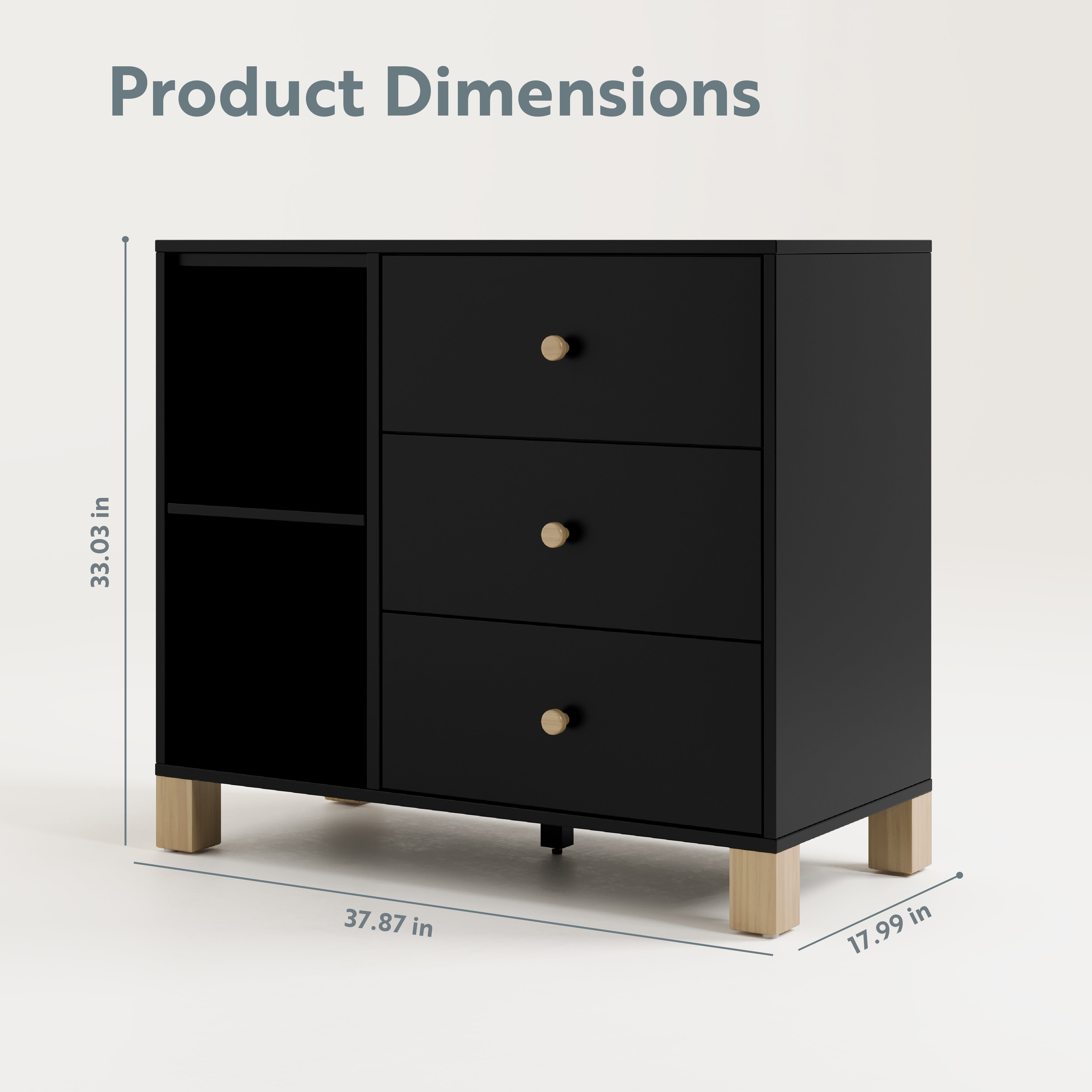 black 3 drawer dresser combo side view with dimensions 