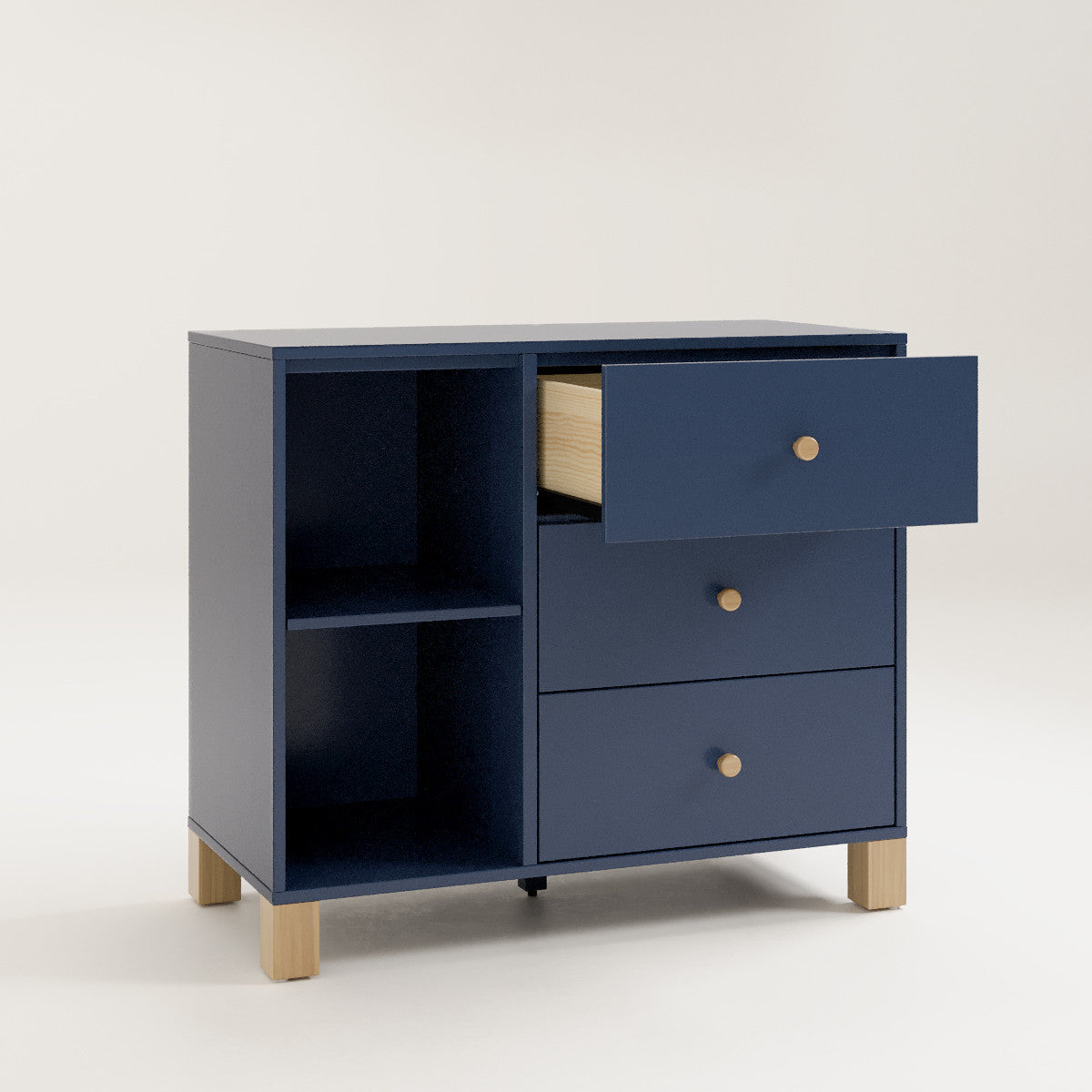 3 drawer combo dresser with open drawer angled view (Midnight Blue with Driftwood)