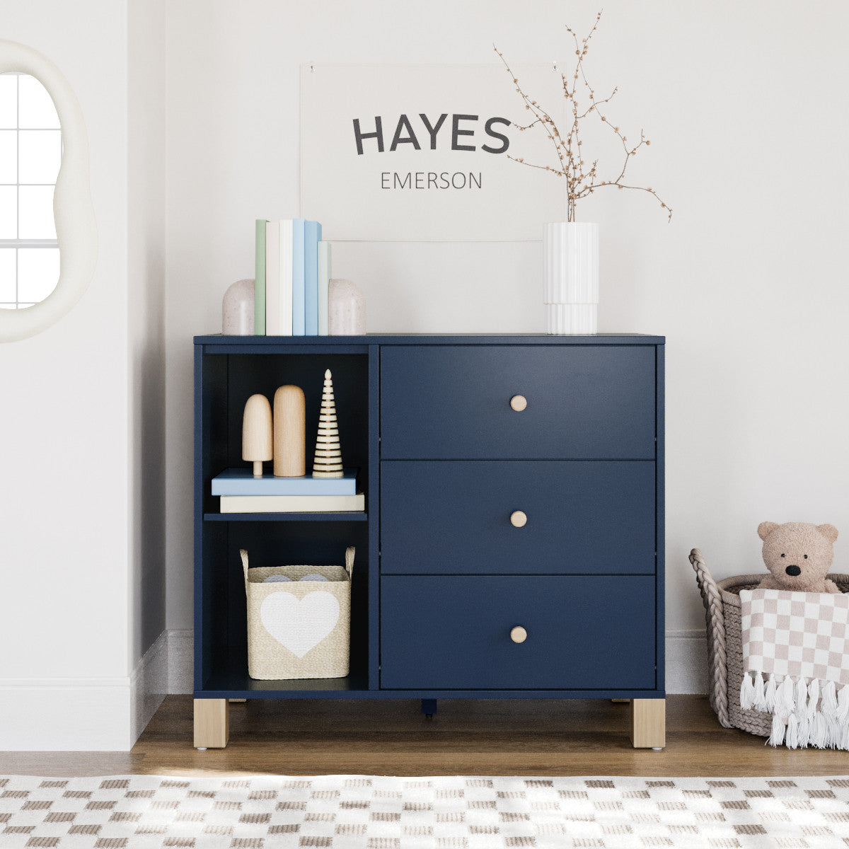 3 Drawer dresser in a nursery (Midnight Blue with Driftwood)